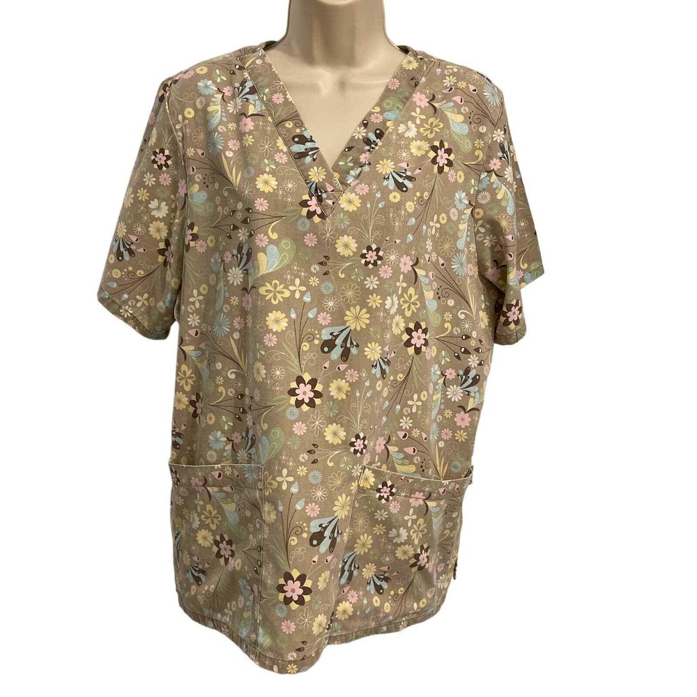 Tafford Uniforms Brown Floral Butterfly Scrub Top V-Neck Medical Pockets XL
